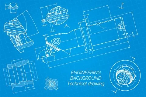 Mechanical engineering drawings on blue background. Boring bar with micrometric Stock Illustration