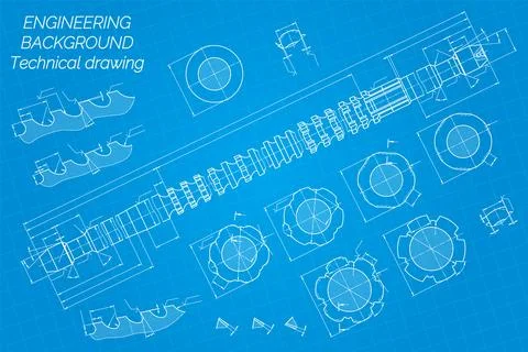 Mechanical engineering drawings on blue background. Broach. Technical Design Stock Illustration