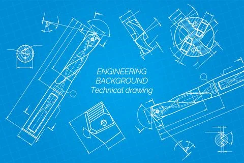 Mechanical engineering drawings on blue background. Drill tools, borer Stock Illustration