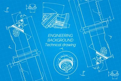 Mechanical engineering drawings on blue background. Boring bar with micrometric Stock Illustration