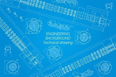 Mechanical engineering drawings on blue background. Broach. Technical Design Stock Illustration