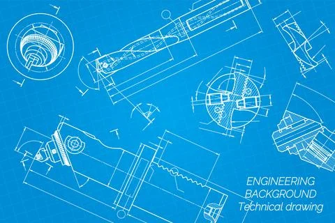 Mechanical engineering drawings on blue background. Drill tools, borer. Boring Stock Illustration