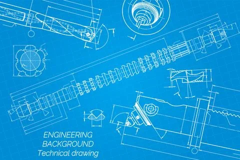 Mechanical engineering drawings on blue background. Drill tools, borer. Boring Stock Illustration