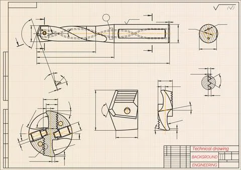 Mechanical engineering drawings on blue background. Drill tools, borer Stock Illustration