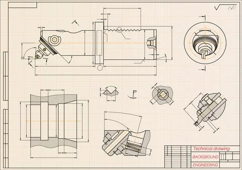 Mechanical engineering drawings on blue background. Boring bar with micrometric Stock Illustration