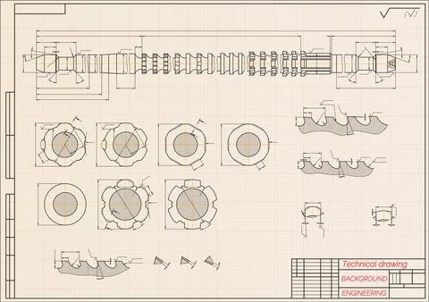 Mechanical engineering drawings on blue background. Broach. Technical Design Stock Illustration