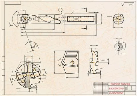 Mechanical engineering drawings on blue background. Drill tools, borer Stock Illustration