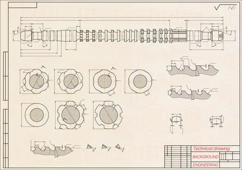 Mechanical engineering drawings on blue background. Broach. Technical Design Stock Illustration