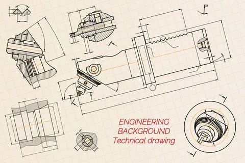 Mechanical engineering drawings on blue background. Boring bar with micrometric Stock Illustration