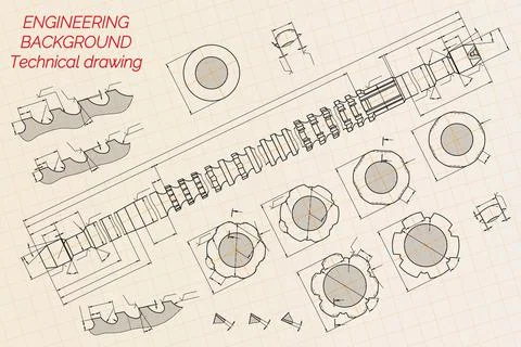 Mechanical engineering drawings on blue background. Broach. Technical Design Stock Illustration