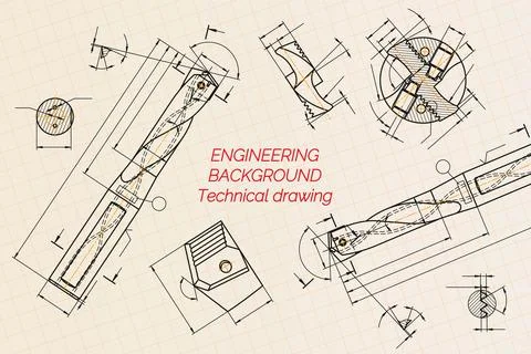 Mechanical engineering drawings on blue background. Drill tools, borer Stock Illustration