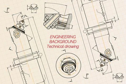 Mechanical engineering drawings on blue background. Boring bar with micrometric Stock Illustration