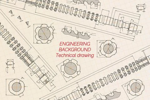 Mechanical engineering drawings on blue background. Broach. Technical Design Stock Illustration