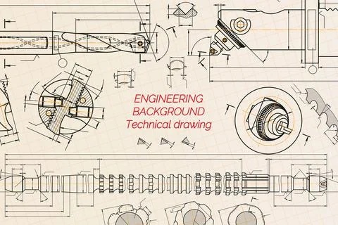 Mechanical engineering drawings on blue background. Drill tools, borer. Boring Stock Illustration