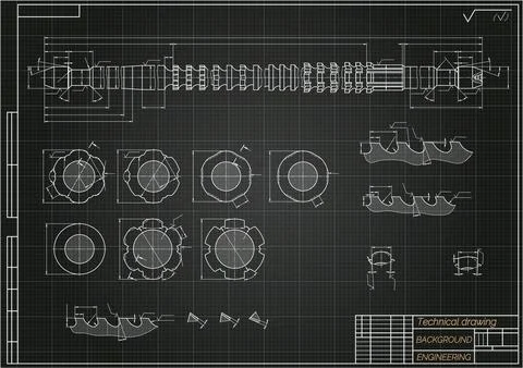 Mechanical engineering drawings on blue background. Broach. Technical Design Illustrazione stock