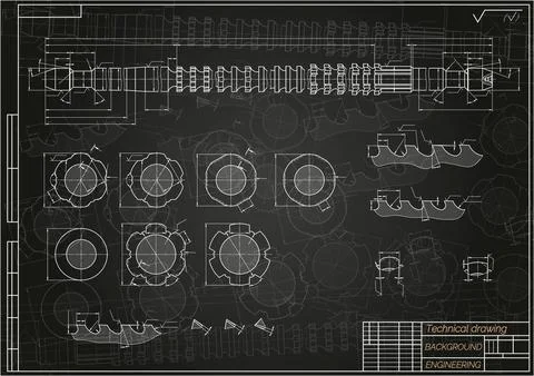 Mechanical engineering drawings on blue background. Broach. Technical Design Stock Illustration