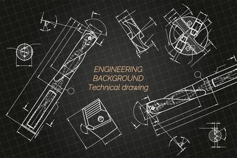Mechanical engineering drawings on blue background. Drill tools, borer Illustrazione stock