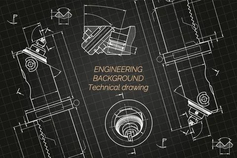 Mechanical engineering drawings on blue background. Boring bar with micrometric Stock Illustration