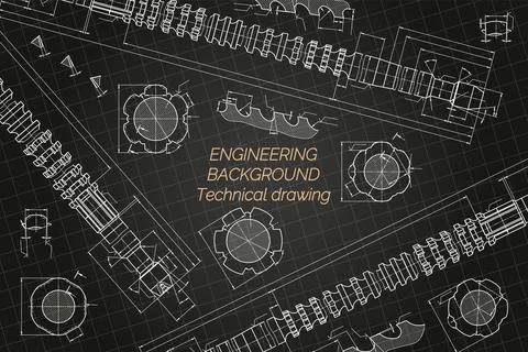 Mechanical engineering drawings on blue background. Broach. Technical Design Stock Illustration