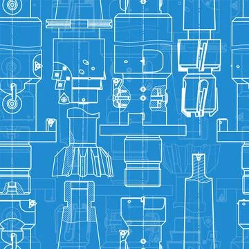 Mechanical engineering drawings on blue background. Tap tools, borer. Technical Illustrazione stock