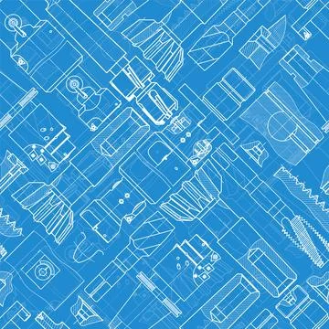 Mechanical engineering drawings on blue background. Tap tools, borer. Technical Stock Illustration
