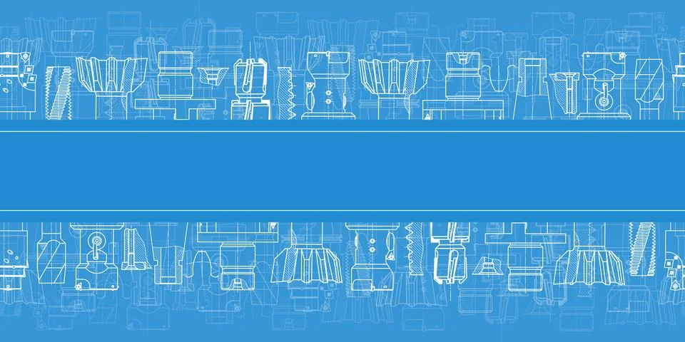 Mechanical engineering drawings on blue background. Tap tools, borer. Technical Stock Illustration