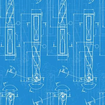 Mechanical engineering drawings on blue background. Drill tools, borer Stock Illustration