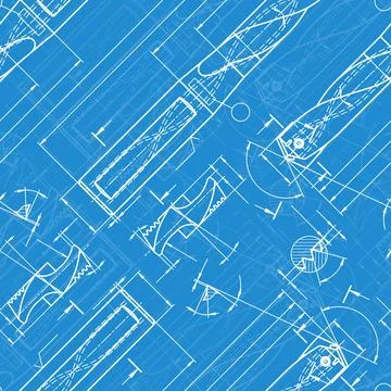 Mechanical engineering drawings on blue background. Drill tools, borer Stock Illustration