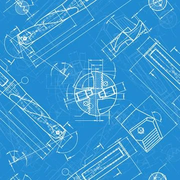 Mechanical engineering drawings on blue background. Drill tools, borer Stock Illustration