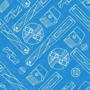 Mechanical engineering drawings on blue background. Drill tools, borer Stock Illustration