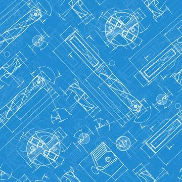 Mechanical engineering drawings on blue background. Drill tools, borer Stock Illustration