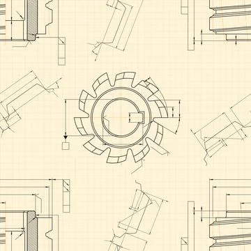 Mechanical engineering drawings on light background. Cutting tools, milling Illustrazione stock