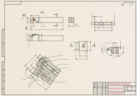 Mechanical engineering drawings on light background. Cutter, assembly tool with Stock Illustration