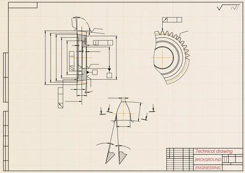 Mechanical engineering drawings on light background. Gear cutting tool Illustrazione stock