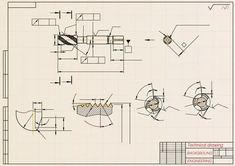 Mechanical engineering drawings on light background. Tap tools, borer. Technical Stock Illustration