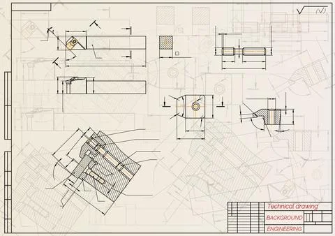 Mechanical engineering drawings on light background. Cutter, assembly tool with Stock Illustration