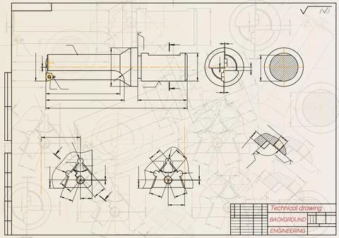 Mechanical engineering drawings on light background. Tap tools, borer. Technical Stock Illustration