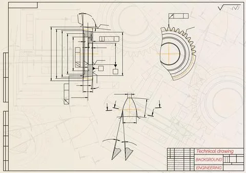 Mechanical engineering drawings on light background. Gear cutting tool Stock Illustration