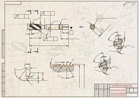 Mechanical engineering drawings on light background. Tap tools, borer. Technical Stock Illustration