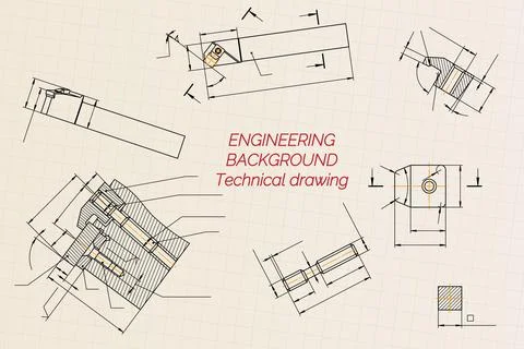Mechanical engineering drawings on light background. Cutter, assembly tool with Illustrazione stock