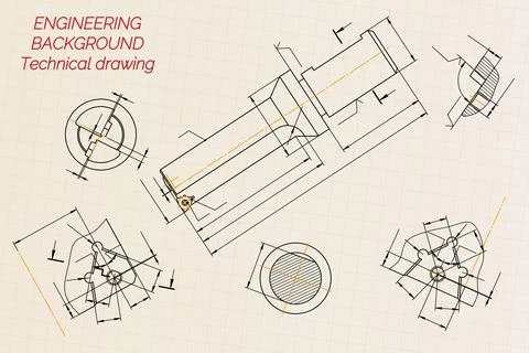 Mechanical engineering drawings on light background. Tap tools, borer. Technical Illustrazione stock