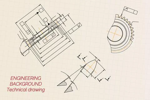 Mechanical engineering drawings on light background. Gear cutting tool Stock Illustration