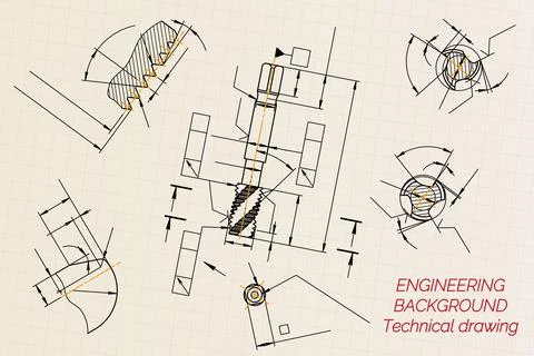 Mechanical engineering drawings on light background. Tap tools, borer. Technical Illustrazione stock