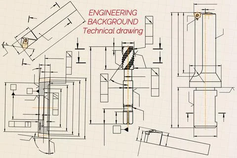 Mechanical engineering drawings on light background. Tap tools, borer, cutting Stock Illustration