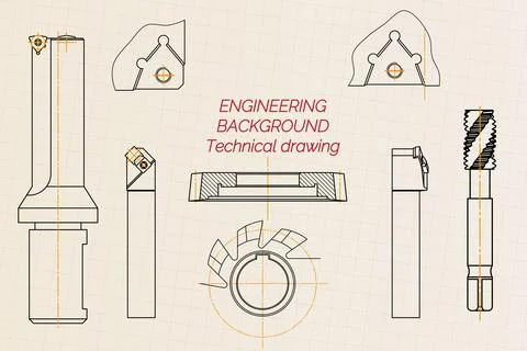 Mechanical engineering drawings on light background. Tap tools, borer, cutting Stock Illustration