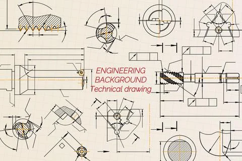 Mechanical engineering drawings on light background. Tap tools, borer, cutting Stock Illustration