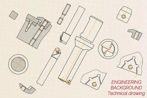 Mechanical engineering drawings on light background. Tap tools, borer, cutting Stock Illustration