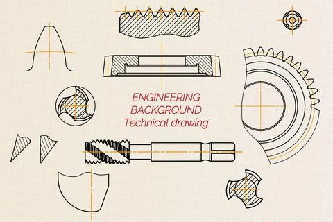 Mechanical engineering drawings on light background. Tap tools, borer, cutting Stock Illustration