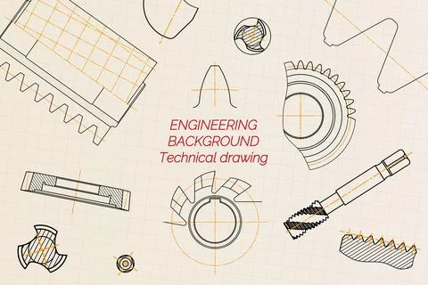 Mechanical engineering drawings on light background. Tap tools, borer, cutting Illustrazione stock