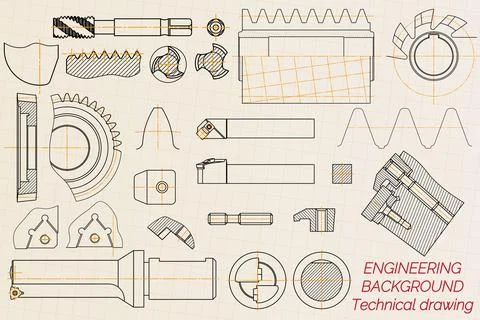 Mechanical engineering drawings on light background. Tap tools, borer, cutting Stock Illustration